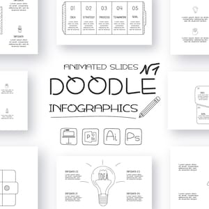 May include: A set of animated doodle infographics for presentations. The slides feature a variety of icons and illustrations, including a lightbulb, a funnel, a briefcase, and a dollar bill. The text on the slides includes the words "Idea", "Strategy", "Process", "Teamwork", and "Goal".