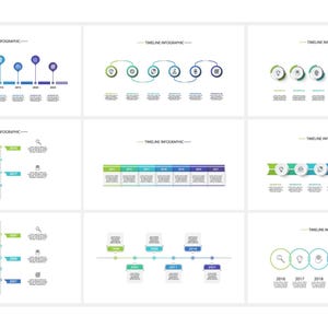 May include: A collection of infographic timeline designs in various layouts. Each design features a series of icons and text boxes, arranged along a horizontal or vertical line. The color palette includes shades of green, blue, and purple, with white backgrounds.