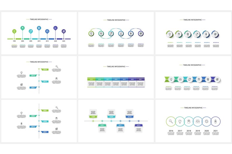 May include: A collection of infographic timeline designs in various layouts. Each design features a series of icons and text boxes, arranged along a horizontal or vertical line. The color palette includes shades of green, blue, and purple, with white backgrounds.