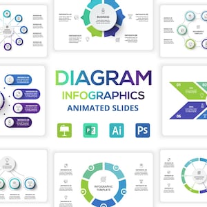 Puede incluir: Un conjunto de plantillas de infografías coloridas con diferentes diseños y diseños. Las plantillas presentan círculos, estrellas y flechas, y están etiquetadas con números y texto. El texto incluye "Diagram Infographics Animated Slides" y "Infographic Template".
