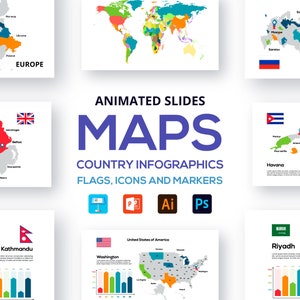 Może przedstawiać: Animowane slajdy z mapami różnych krajów, w tym Irlandii Północnej, Nepalu, Kuby, Rosji i Stanów Zjednoczonych. Każdy slajd zawiera mapę z kolorowymi regionami, flagą i wykresem słupkowym. Tekst "Animowane slajdy Mapy Infografiki krajowe Flagi, ikony i znaczniki" jest wyświetlany na górze obrazu w kolorze niebieskim.