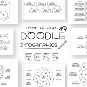 Puede incluir: Un conjunto de plantillas de infografía doodle en blanco y negro para presentaciones. Las plantillas presentan varias formas, flechas e iconos. El texto "Animated Slides N4 Doodle Infographics" está escrito en un estilo de escritura a mano.