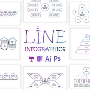 Puede incluir: Una colección de infografías lineales en tonos morados y azules, que incluyen diagramas, diagramas de flujo y un diagrama de pirámide. El texto "LINE INFOGRAPHICS" se muestra en un estilo manuscrito. La imagen también incluye iconos.