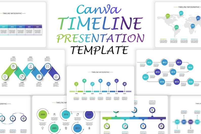 May include: A collection of Canva timeline presentation templates. The image features various infographic designs with timelines, charts, and circular elements. The text "Canva TIMELINE PRESENTATION TEMPLATE" is displayed in a gradient color scheme.