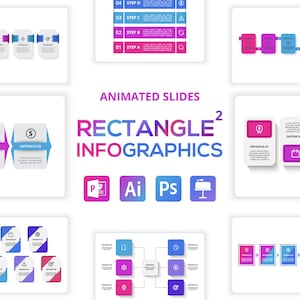 May include: Animated infographic slides with a rectangle theme. The slides feature different layouts and icons, including a lightbulb, clock, dollar sign, calendar, person, and warning sign. The text "RECTANGLE INFOGRAPHICS" is displayed in a large font.