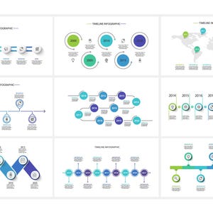 May include: A collection of infographic designs with a white background. The designs feature timelines with circular and linear layouts, using shades of green, blue, and purple. The text "TIMELINE INFOGRAPHIC" is at the top of each design.