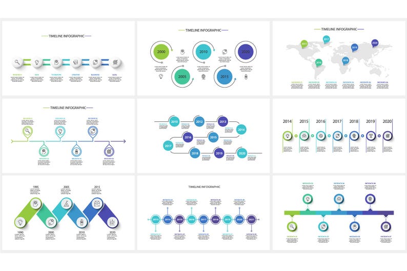 May include: A collection of infographic designs with a white background. The designs feature timelines with circular and linear layouts, using shades of green, blue, and purple. The text "TIMELINE INFOGRAPHIC" is at the top of each design.