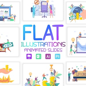 May include: A set of flat illustrations depicting various business concepts, including construction, finance, and marketing. The illustrations are colorful and feature cartoon-like characters. The text "FLAT ILLUSTRATIONS ANIMATED SLIDES" is displayed in a large font.