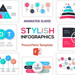 Puede incluir: Una colección de plantillas de infografías elegantes con el texto "STYLISH INFOGRAPHICS" y "PowerPoint Template". Los diseños incluyen análisis SWOT, líneas de tiempo y diagramas de procesos, con diversas formas y esquemas de color.