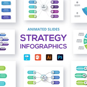 Puede incluir: Un conjunto de diapositivas de infografías animadas para presentaciones de estrategia. Las diapositivas presentan varios diseños coloridos de círculos, estrellas y flechas con cuadros de texto para información. Las diapositivas son compatibles con PowerPoint, Illustrator y Photoshop.