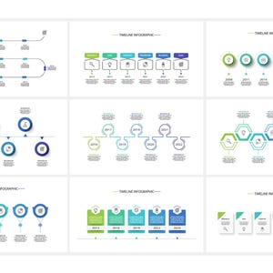 May include: A collection of infographic timeline designs in various layouts. Each design features a series of connected elements, such as circles, squares, and hexagons, with text and icons. The color palette includes shades of green, blue, and purple.