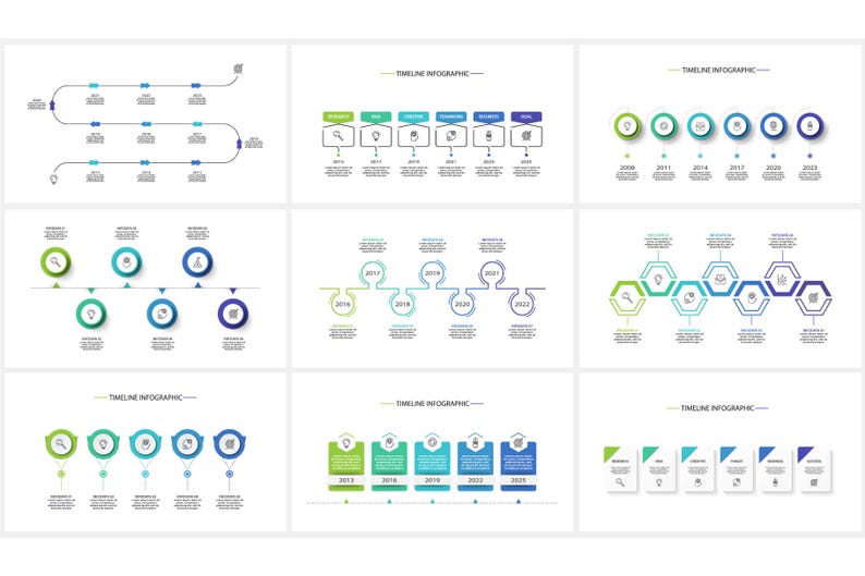 May include: A collection of infographic timeline designs in various layouts. Each design features a series of connected elements, such as circles, squares, and hexagons, with text and icons. The color palette includes shades of green, blue, and purple.