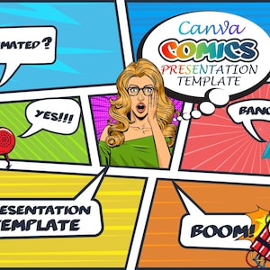 Op de afbeelding: Presentatiesjabloon in stripboekstijl met de tekst "Canva Comics Presentation Template". De afbeelding toont een vrouw met een bril, tekstballonnen, een rode telefoon, een megafoon en een staaf dynamiet.