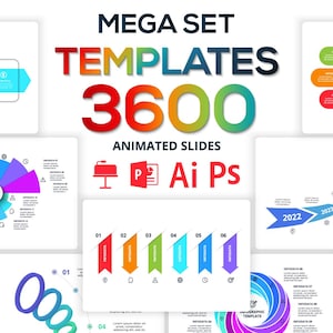 Pode incluir: Um conjunto de modelos de slides animados com o texto "MEGA SET TEMPLATES 3600 ANIMATED SLIDES". Os modelos incluem vários designs de infográficos, gráficos e diagramas em uma variedade de cores.