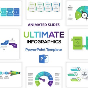 Könnte beinhalten: Eine Sammlung farbenfroher Infografik-Vorlagen für PowerPoint-Präsentationen. Das Bild zeigt verschiedene Designs, darunter Schritt-für-Schritt-Prozesse, Kreisdiagramme und eine Raketen-Grafik. Text enthält "ULTIMATE INFOGRAPHICS" und "PowerPoint Template".