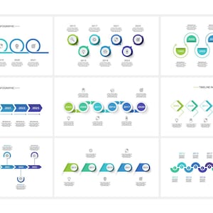 May include: A collection of timeline infographics in shades of green and blue, arranged on a white background. Each infographic displays a sequence of events or data points across a timeline, with years and icons. The designs vary in style, including circular, arrow, and connected shapes.