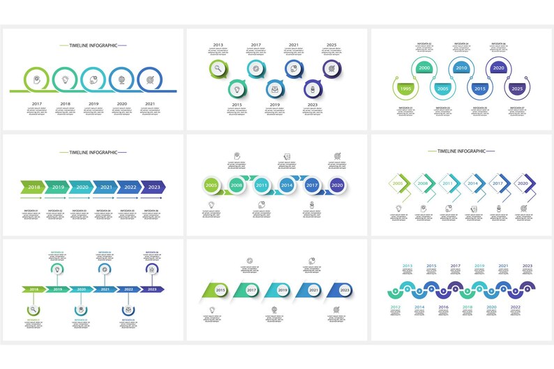 May include: A collection of timeline infographics in shades of green and blue, arranged on a white background. Each infographic displays a sequence of events or data points across a timeline, with years and icons. The designs vary in style, including circular, arrow, and connected shapes.