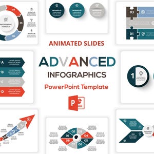 Może przedstawiać: Zbiór kolorowych szablonów infografik do prezentacji PowerPoint. Obraz zawiera diagramy kołowe, kroki w kształcie dziurki od klucza i wykresy strzałkowe. Tekst zawiera "ADVANCED INFOGRAPHICS" i "PowerPoint Template".