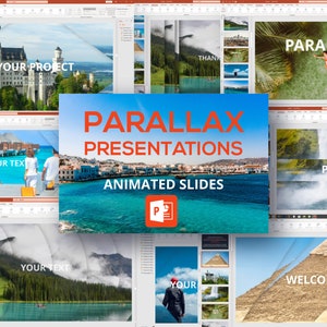 Op de afbeelding: Een PowerPoint-presentatie sjabloon met de tekst "Parallax Presentations Animated Slides" en afbeeldingen van verschillende landschappen en gebouwen. Het sjabloon maakt gebruik van een parallax-effect, waarbij de achtergrondafbeeldingen met verschillende snelheden bewegen om een ​​gevoel van diepte te creëren.
