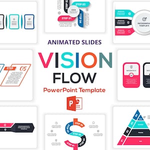 Puede incluir: Una colección de diapositivas de plantillas de PowerPoint coloridas con el texto "VISION FLOW PowerPoint Template". Las diapositivas presentan varios diseños de infografías, incluidos procesos paso a paso, diagramas circulares y un gráfico de signo de dólar.