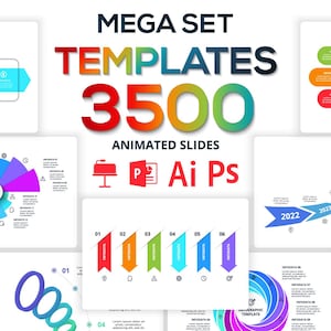 Könnte beinhalten: Ein Grafikdesign mit dem Text "MEGA SET TEMPLATES 3500 ANIMATED SLIDES" in verschiedenen Farben. Das Bild enthält animierte Folienvorlagen mit Diagrammen, Grafiken und Infografiken, mit Symbolen für Ai und Ps.