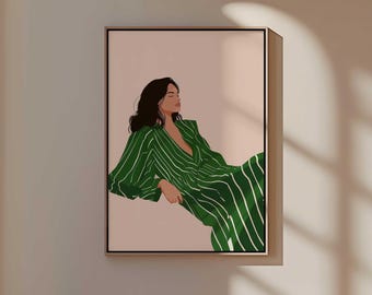 Groene jurk mode-illustratie, moderne vrouw portretkunst (digitale download)