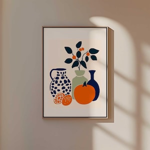 Botanical Harmony, Minimalist Still Life Art, Fruit Print, Modern Kitchen Wall Decor, Abstract Vase and Fruit Painting, Digital Download