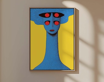 Blue Visionary Creature Art Print, Surreal Pop Portrait (Digital Download)