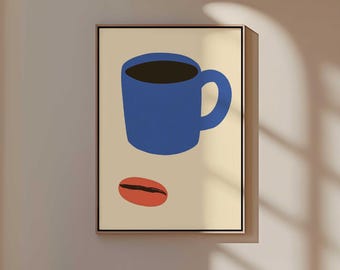 Blue Coffee Cup Print, Minimalist Kitchen Art (Digital Download)