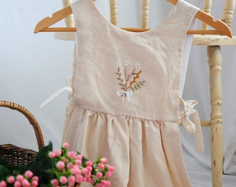 Linen Embroidered Pinafore Dress, Baby Toddler Girls Linen Apron Dress, Hand Embroidered Floral Print Cottagecore Dress
