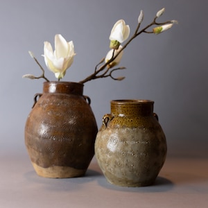 May include: Two brown ceramic vases with a swirling pattern, one holding a branch of white magnolia blossoms.