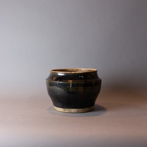 May include: A dark brown ceramic pot with a light brown rim. The pot is round and has a slightly flared lip.