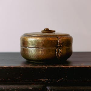 Antique Indian Brass Spice Box | Hand-Etched Kitchen Decor 8–10” Wide