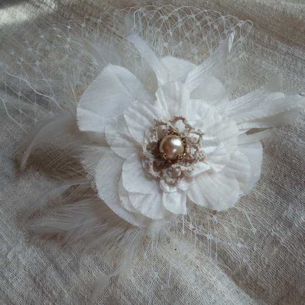 Bridal Head Piece with Vintage Millinery Flower, Antique Lace and Feathers, Custom Order