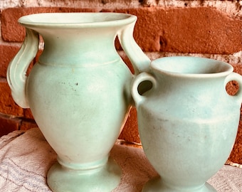 Vintage Art Pottery Matte Aqua Vase Pair, Niloak Winged Vase and Unmarked Partner