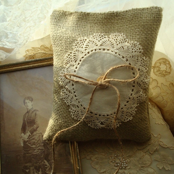 Natural Burlap Ringbearer Pillow with Antique Lace Trim, Made to Order