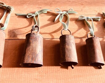 Vintage Cowbell Ornaments, Set of Five Large, Green Velvet Ribbon