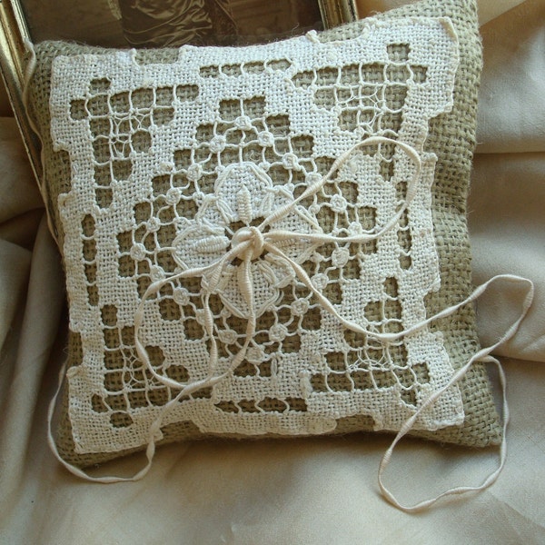 Reserved for calderclark--Natural Burlap Ringbearer Pillows with Antique Lace, Set of Two