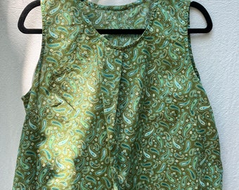 Vintage Cotton Crop Top, Green Paisley, Handmade, 1960s Summer Top, Sleeveless Cotton Crop Top, Larger Size