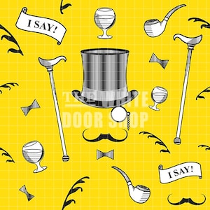 以下が含まれることがあります： 黄色い背景に、白黒のイラストが繰り返されるパターン。パターンには、シルクハット、モノクル、口ひげ、蝶ネクタイ、杖、ワイングラス、パイプ、そして「I SAY！」と書かれたバナーが含まれています。