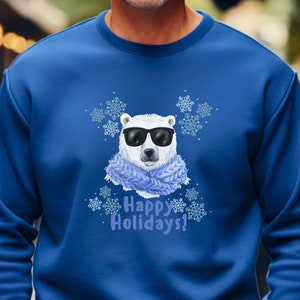 Polar Bear Happy Holidays Sweatshirt Womens, Cozy Winter Gift Ideas, Animal Print Crewneck Pullover, Holiday Winter Apparel, XMas Attire