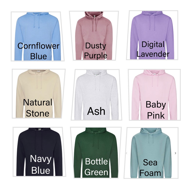 May include: Nine different coloured hooded sweatshirts are displayed, including Cornflower Blue, Dusty Purple, Digital Lavender, Natural Stone, Ash, Baby Pink, Navy Blue, Bottle Green, and Sea Foam. Each has a drawstring hood.