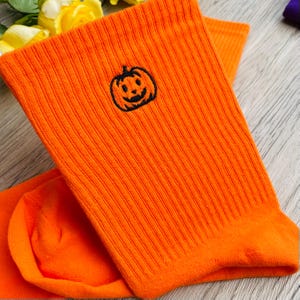 Pumpkin Embroidered Socks: Halloween Cotton Crew Socks