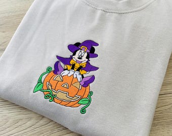 Felpa di Halloween con Minnie ricamata: Maglione con zucca e strega - Felpa girocollo di Halloween Disney