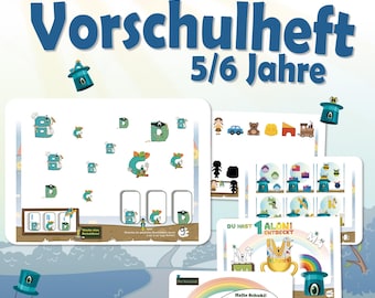 Cuaderno de ejercicios preescolar para niños de 5 años en adelante: Preparación y comienzo de la escuela | 40 páginas de aprendizaje divertido con números, letras y cantidades | PDF imprimible