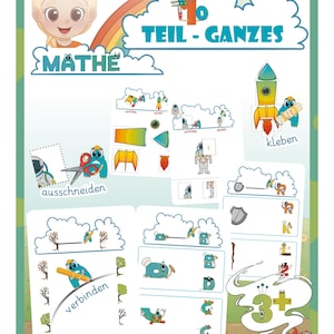 May include: A colorful worksheet for kids to learn about parts and wholes. The worksheet features a rocket, an astronaut, and a caterpillar. The text on the worksheet says "Teile - Ganzes" and "Mathe".