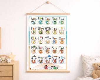 Póster del alfabeto de Alonie en formato DIN A3: aprendizaje lúdico de letras para niños con profesiones y personajes fantásticos. Póster de aprendizaje preescolar.