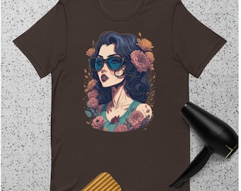 Unisex t-shirt pretty cute brunette pinup-girl wearing sunglasses design   gift for her anime lover present birthday friend bf anime lover