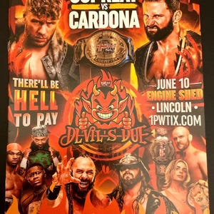 Op de afbeelding: Evenementposter voor een worstelwedstrijd met Ospreay vs. Cardona. De poster heeft een vurig thema met afbeeldingen van worstelaars, kampioenschapsriemen en de tekst "THERE'LL BE HELL TO PAY". Het evenement is in de Engine Shed in Lincoln.