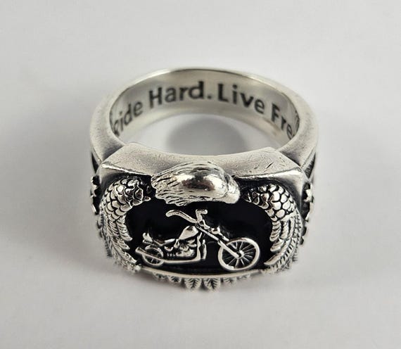 Vintage Sterling Silver Motorcycle Ring, Eagle Bl… - image 2